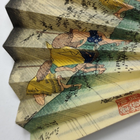 Vintage Folding Paper Wooden Fan Authentic Miniature 1940's Asian WaterMark Sign - Picture 6 of 7